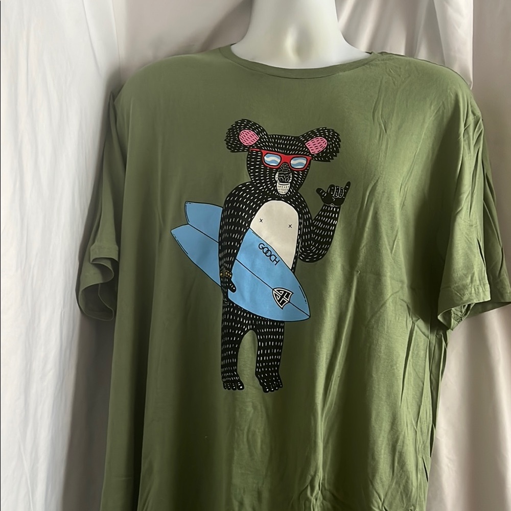 Gooch Olive Green T-Shirt with Bear Graphic by artist Mulga. Multiple sizes.